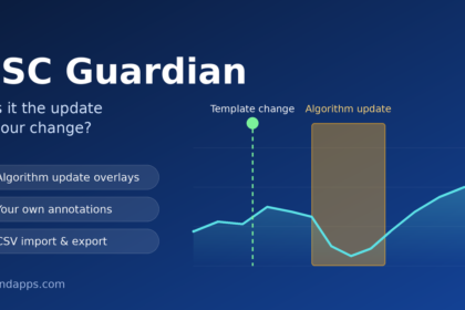 GSC Guardian banner: a traffic line chart with an algorithm update period and a site change marker